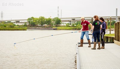 Ryan Pircher takes a water sample from Cedar Bayou as Stepahnie Ruff and Xiao Shen watch. Once collected, the sample will be delivered to the Texas A&M Soil and Aquatic Microbiology Laboratory for analysis.